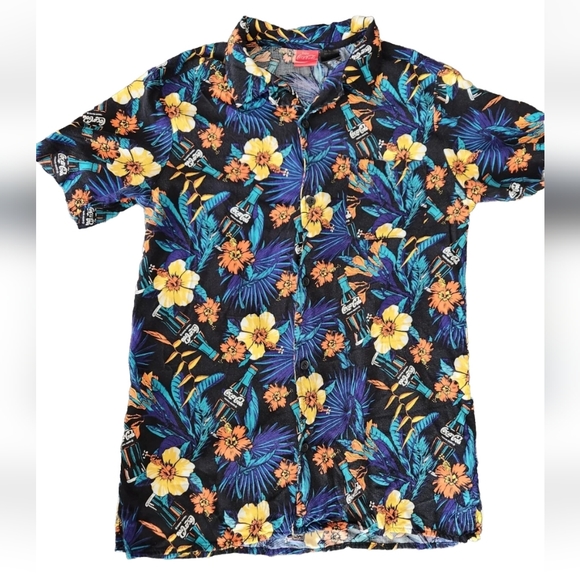 Coca-Cola Hawaiian Tropical Shirt Mens L Bright Hibiscus Floral Summer Beach VTG - Picture 1 of 9